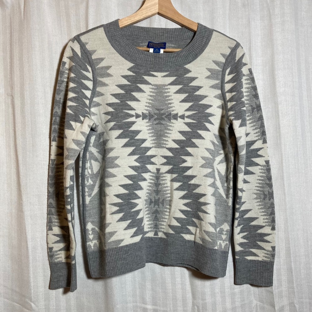 Pendleton Womens Merino Wool Southwestern Geometric Sweater Grey Petite Medium